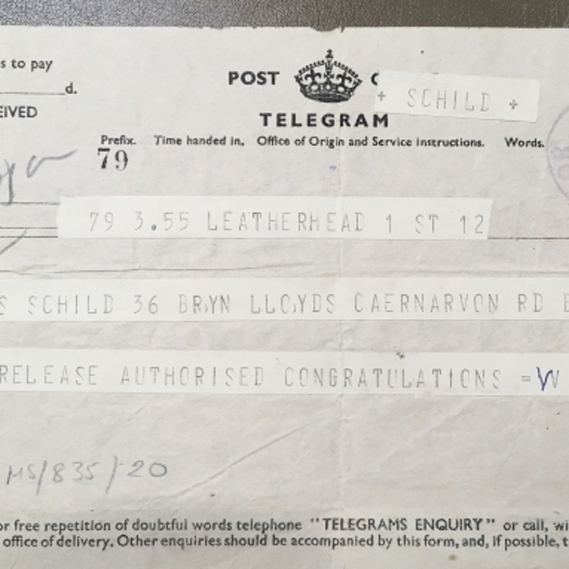 Telegram from Frank Winton to Mrs Schild with congratulations on the release of Dr Schild from his internment camp, 1941