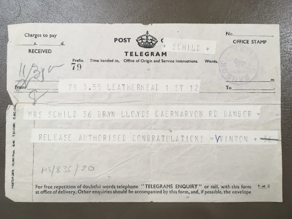 Telegram from Frank Winton to Mrs Schild with congratulations on the release of Dr Schild from his internment camp, 1941