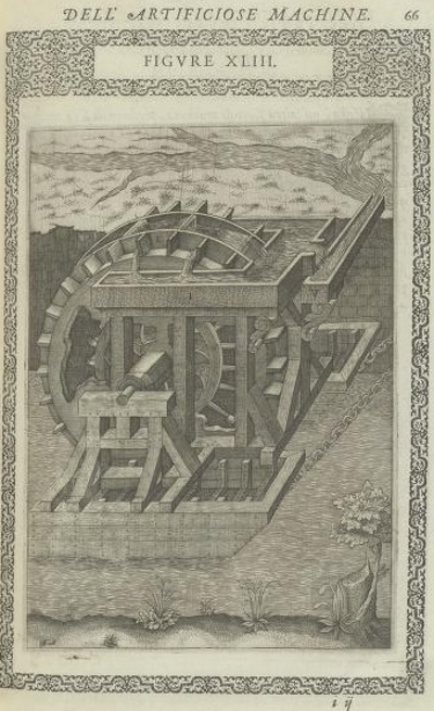 Agostino Ramelli’s design for a perpetual motion device (1588)
