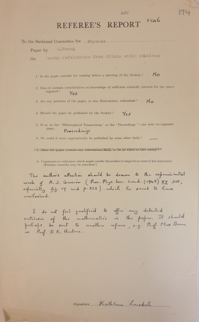 Referee's Report by Kathleen Lonsdale on a paper by Kun Huang