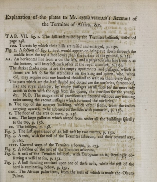 Explanation of the plates to Henry Smeathman's account of the termites of Africa, 1781
