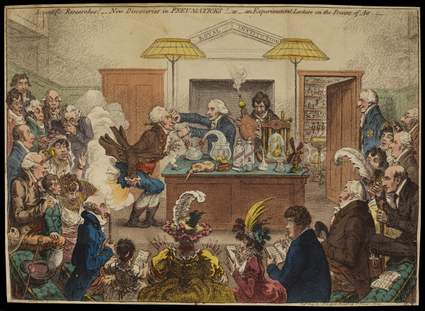 Satirical depiction of an RI lecture showing Thomas Garnett administering laughing gas