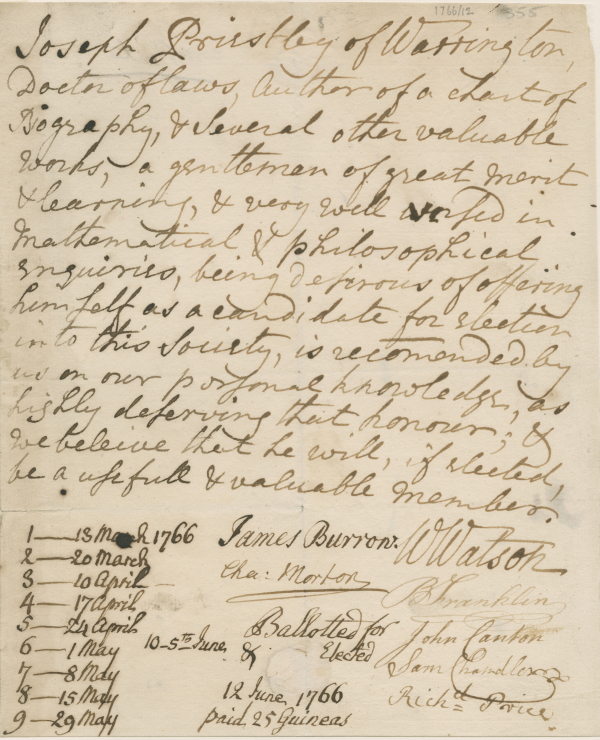 Joseph Priestley’s Royal Society election certificate, 1766