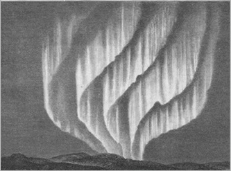 Adam Paulsen, ‘Aurora (multiple rayed-bands) observed to South-West from Godthaab on 15 November 1882 at 00h 30m’, drawing in Observations internationales polaires, 1882–83, Expédition Danoise: observations faites  à  Godthaab (Chez G. E. C. Gad, Libraire de L'université, Copenhagen, 1893), p. 3.