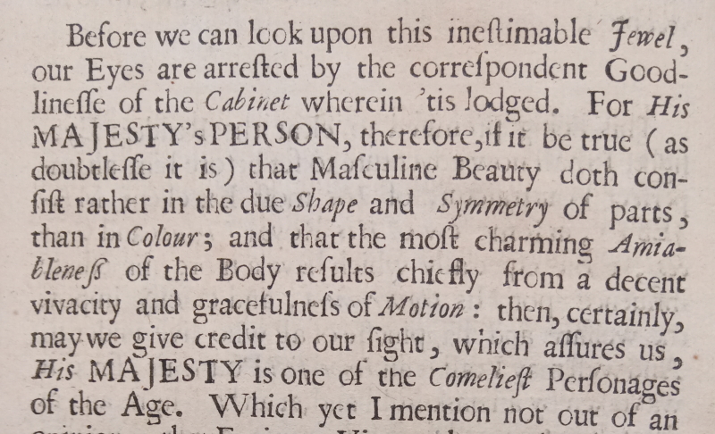 Text from Walter Charleton's 'An imperfect pourtraicture of His Sacred Majesty Charls the II', 1661