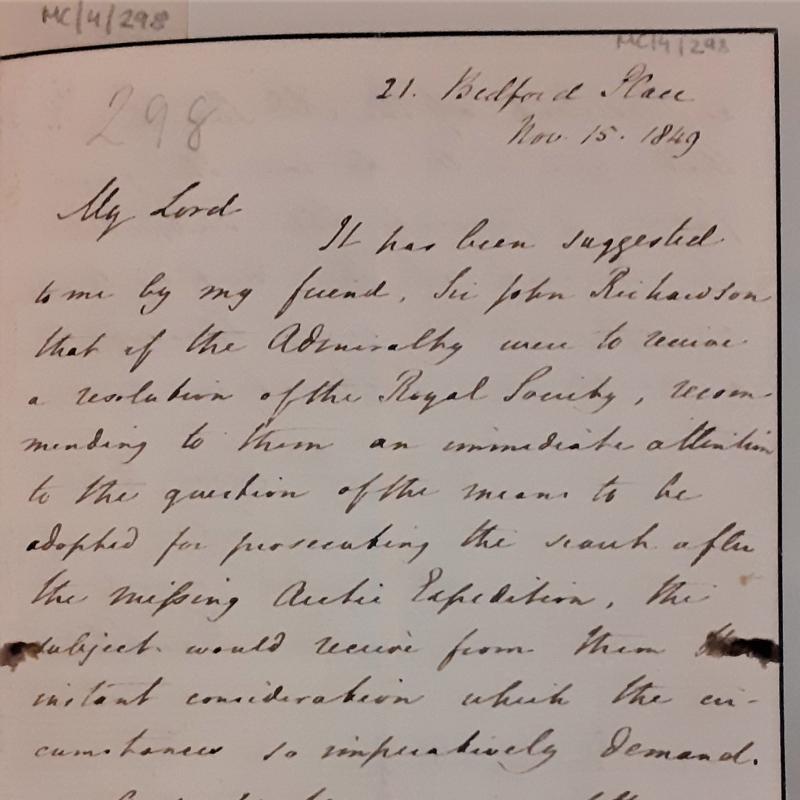 Letter from Jane Franklin to the Earl of Rosse, November 1849 (detail)