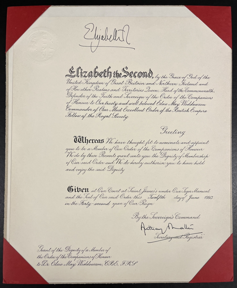 Certificate confirming Elsie Widdowson as a Member of the Order of the Companions of Honour