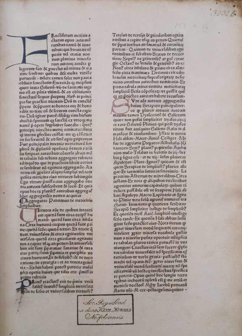 Page from Jacopo Dondi 'De medicinis' with Norfolk Library stamp