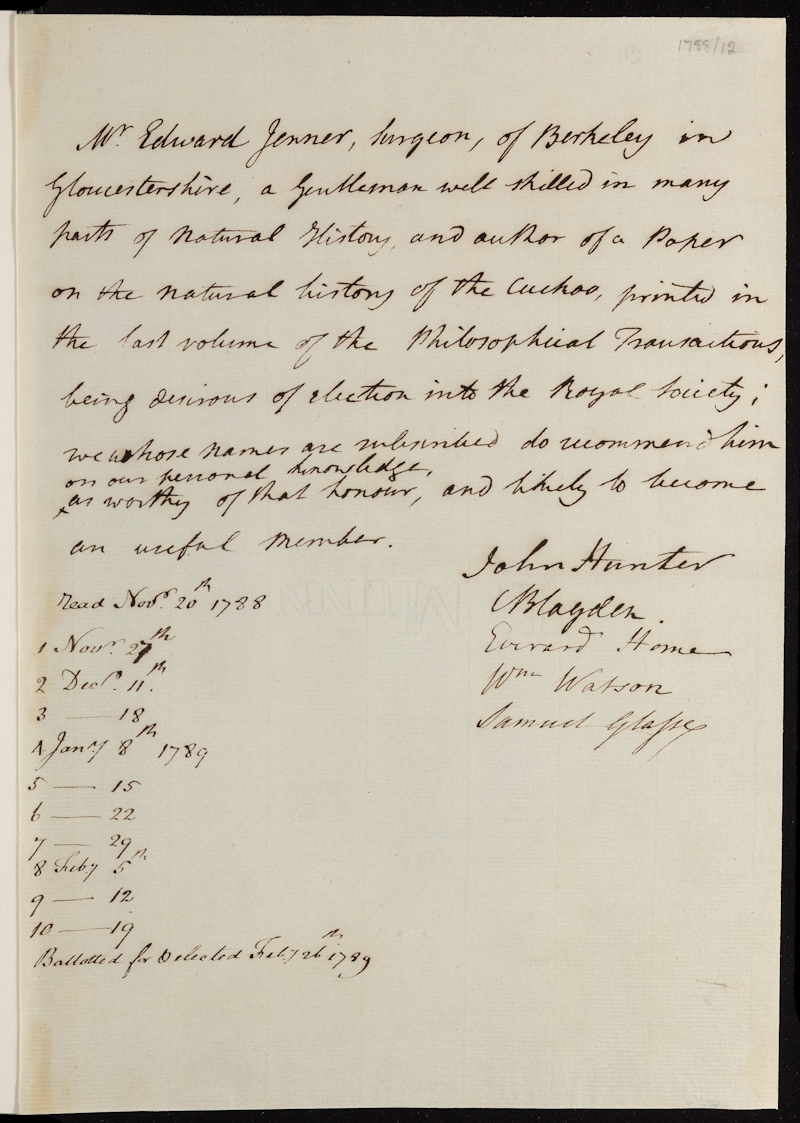 Edward Jenner's Royal Society election certificate