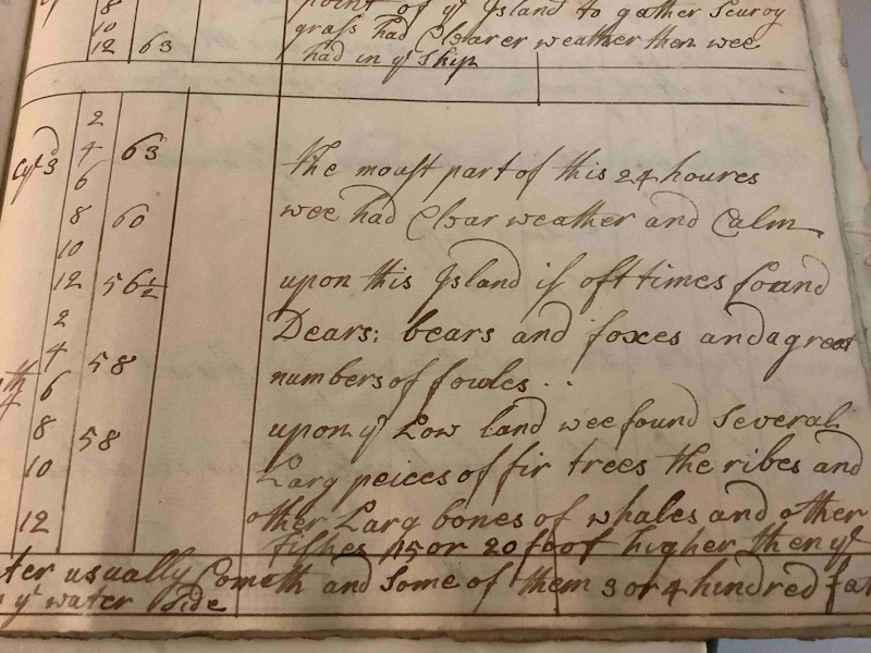 A note on clear weather sightings of wildlife and whalebones, by John Cracroft, 1727