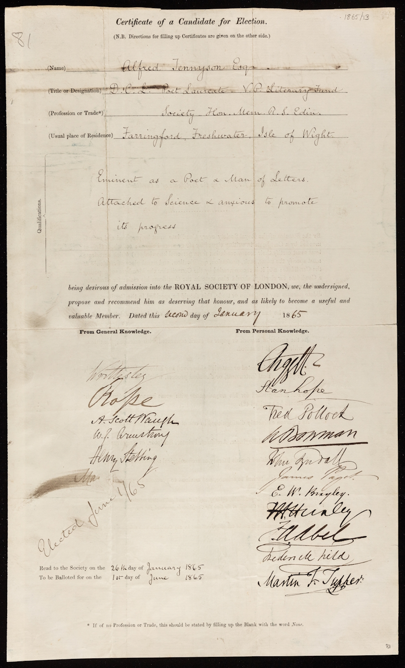 Alfred Tennyson’s Royal Society election certificate, 1865