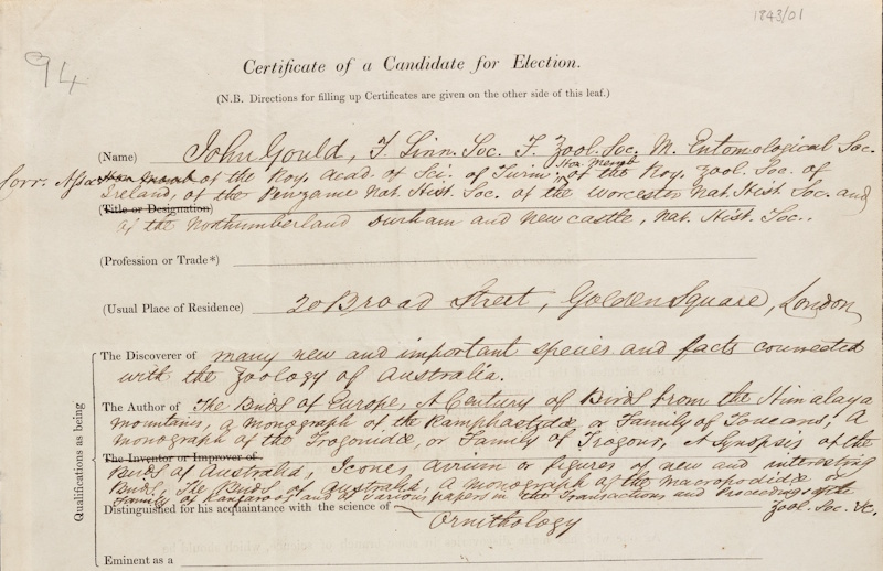 John Gould’s certificate of election to the Royal Society, 1843