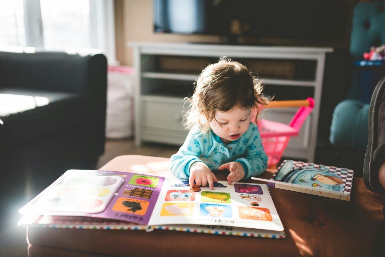 A toddler looks at a children's book